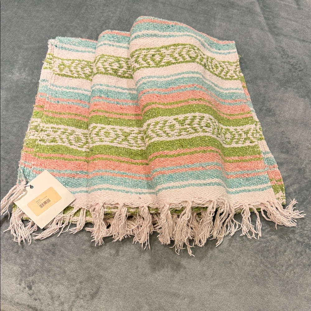 Hand Woven Mexican Fringe Throw Blanket in Pastel Pink, Green & Blue, 4x6 NWT